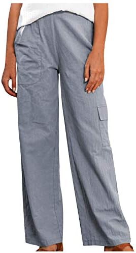 Женски широки памучни памучни ленени панталони обични лесни летни панталони меки удобни панталони со џебни панталони