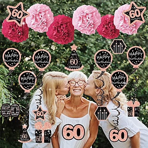 60 -ти роденденски украси за жени - навивања до 60 години розово злато сјај за жени, 6 хартиени пом, 6 висини вртливи, 7 налепници за