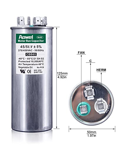 AOWEL 45/5UF MDF 370V до 450V CBB65 Двојно работење на почетокот на стартниот кондензатор за HVAC, климатизери, AC мотор или почеток на