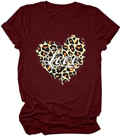 Женска Маица За Денот На Вљубените Срце Љубов Леопард Печатени Маици На Екипажот Мажи Кратки Ракави Пуловер Блузи