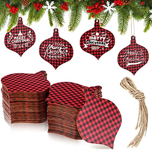 48 парчиња дрвени украси празно 3 инчи Божиќни дискови Божиќни дрво занаети биволи карирано дрво парче срцев облик дрвени украси