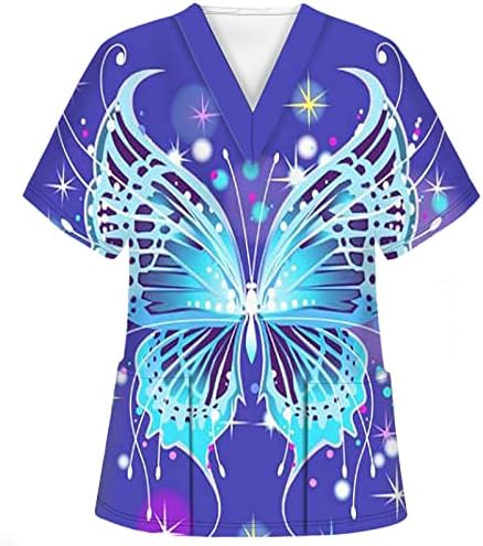 SCRUB_TOPS за жени со кратки ракави со кратки ракави V-вратот за работа Работна униформа маица трендовски пеперутка печатење џеб туника