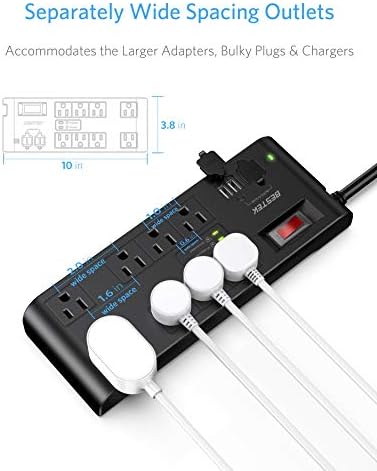 Bestek 4.000 Joules Surge Protector со USB, лента за напојување на кабелот за продолжување од 6 стапки со 8 места за наизменична струја 15А 1875W,