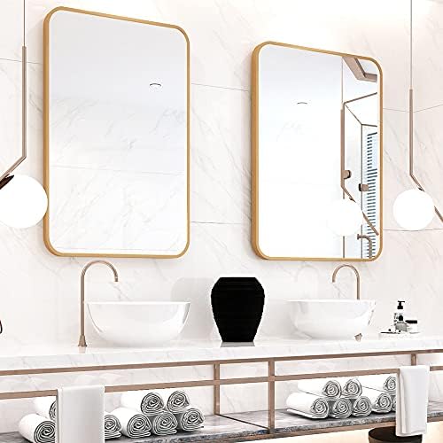 Златно Огледало за Бања, 20х30 Инчи Четкано Месинг Златно Метално Врамено Правоаголно Огледало Со Заоблен Агол, Огледало За Суета Во Бањата