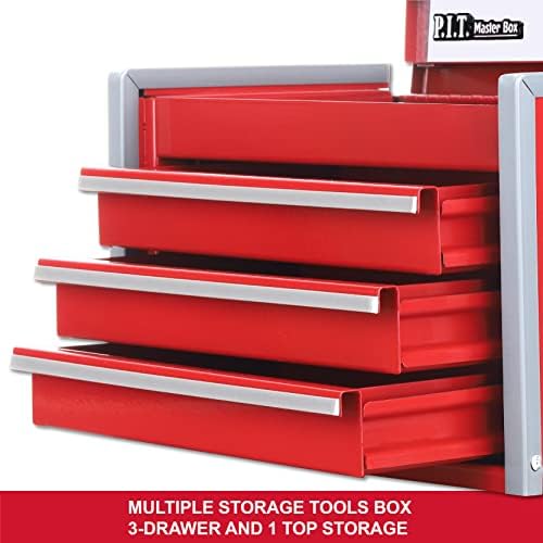 P.I.T. Преносна 3 фиока челична кутија со алатки со магнетно заклучување, случаи со алатки за носење на црвена рака за алатки за складирање