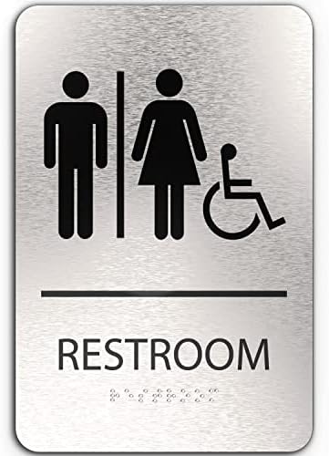 Adasigns.org, Unisex знак за бања, АДА во согласност, маж, жена, симболи на инвалидска количка, четкано сребро, црна подигната текст, бразил