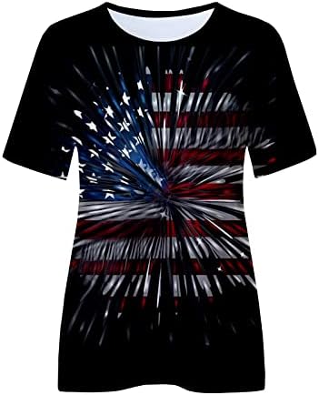 Врвови за женски туники за 4 јули Смешна графичка графичка екипаж за кратки ракави маица во САД знаме Патриотски блузи Топ Топ
