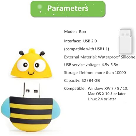 32 GB USB Flash Dribe Bee во форма на пчела, Borlterclamp Симпатична USB-погон на палецот Меморија за меморија за надворешно складирање на податоци