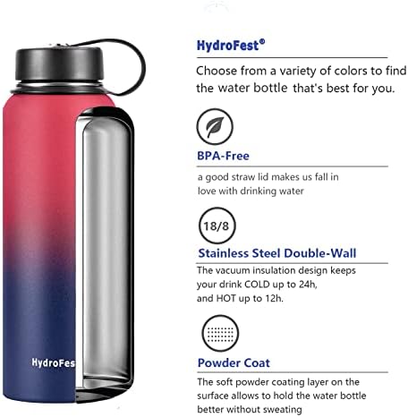 Hydrofest 40 мл изолирано шише со вода од не'рѓосувачки челик со слама, црвена/сина широка уста, двојно wallид термо колба за колба