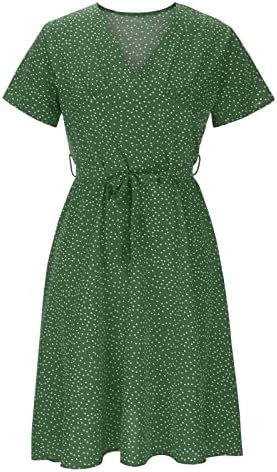Icodod фустан женски 2023 лето V вратот Цврст боја Полка фустан со кратки ракави чипка на вратоврска за вратоврски фустани за забави за забави