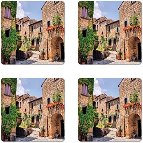 Лунарниот Тоскански Тоскански Сет од 4, италијански Улици Во Селата Со Традиционални Куќи Од Тули Стари Тоскански Отпечатоци, Квадратни