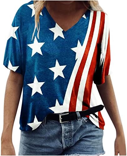 Маици со знамиња на САД за жени на ден на независност на врвови летни кратки ракави против кошули со вратот Обични трендовски лабави блузи
