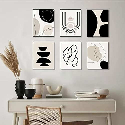 Апстрактни отпечатоци од boидни уметности од 6, минималистичка геометриска бохо wallидна уметност црна кафеава беж линија уметност