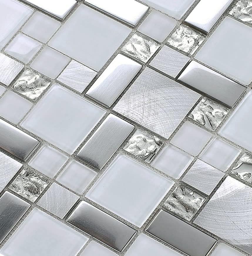 Стаклен метален мозаик кујнски плочки wallид француски образец бело сребро четкан алуминиум акцент плочка хром метален грб