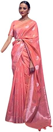Пастелно чисто Ленено Ткаење Дизајнер Индиски Традиционален Сари Блуза Зари Ткаени Класичен Муслимански фестивал сари 2560
