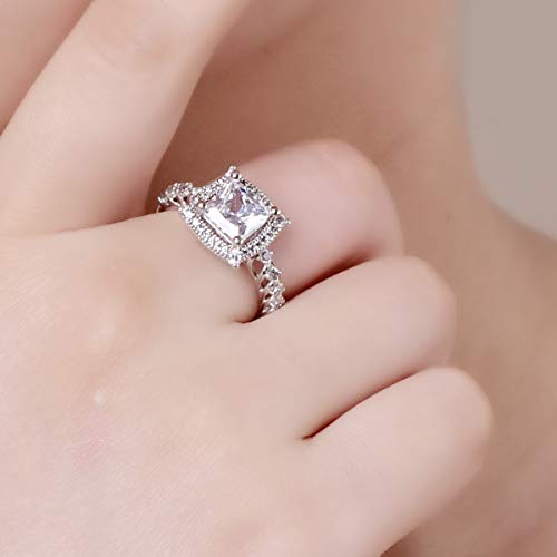 Empsoul 925 Стерлинг сребрен прстен принцеза Исечете 7x7mm бел топаз Висок полски пресврт за венчавки со големина 7
