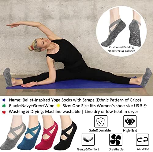 Чорапови за јога на Хеникани за жени-4 пара пилатес чорапи кои не се лизгаат чорапи со каиш за балет, баре, дома и болница со 5-9