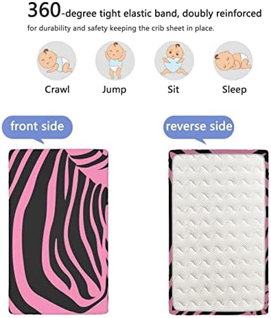 Пинк Зебра тематски опремени мини чаршафи, преносни мини чаршафи за креветчиња за деца, душеци со душеци-штикли-плетен лист или столб