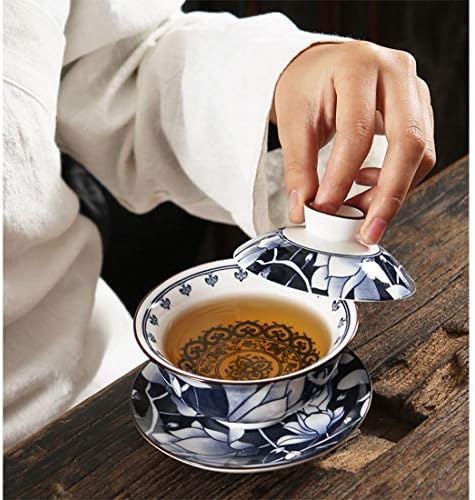 Сет за чаши, QMFive, кинески традиционален чај со сина и бела порцелан Гаиван сина глазура Кунгфу чај сад со капак и чинија - 5,6oz/160 ml
