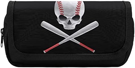 Бејзбол череп и лилјаци торба со моливи со двоен слој, кутија за станбена торба за шминка за шминка, кутија за држач за торбичка со ZIP една