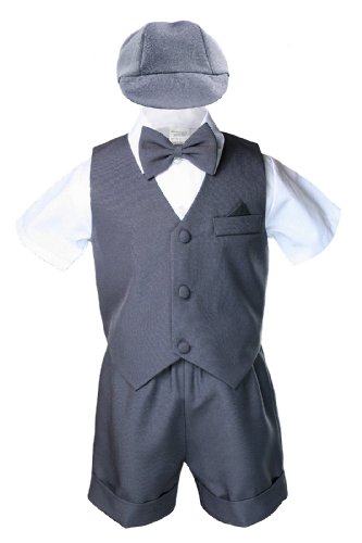 Темно сиво момче дете дете Етон 5 парчиња формални елек шорцеви поставени костуми капаче С-4Т