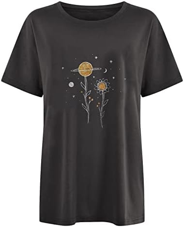Kaniem женски маички графички месечина лабава врвна кошула диви цвеќиња жени ракав блуза преголема кратка женска маица кошули
