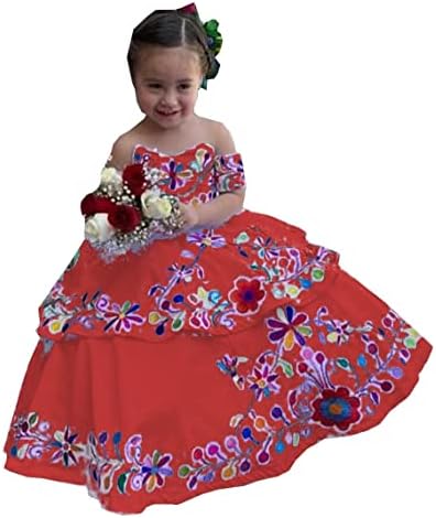 Цветни цвеќиња везени мексикански мини quinceanera фустани за мали девојчиња, облечена во топка, облечена во рамо