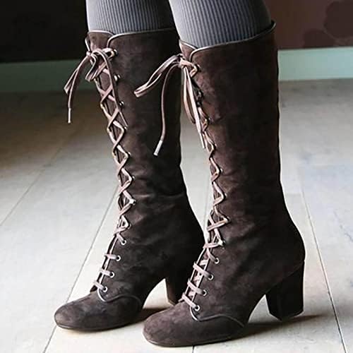 Женски колено високи чизми ретро велур тексас необични чевли Чунки борбен багажник со ниски потпетици плус големина чипка на тела за теле.