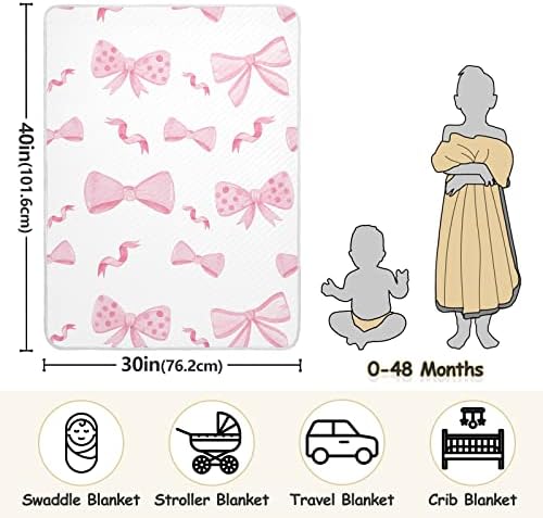 Swaddle Clain Pink Bows and Ribbons Памучно ќебе за новороденчиња, примање ќебе, лесен меко тресено ќебе за креветчето, шетач,