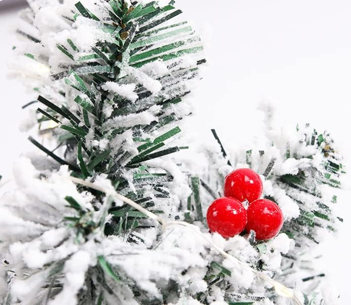 Пред-осветлена вештачка мини снежна бела новогодишна елка, 22 инчи Мала маса врвна снег собрана новогодишна елка со светла црвени бобинки