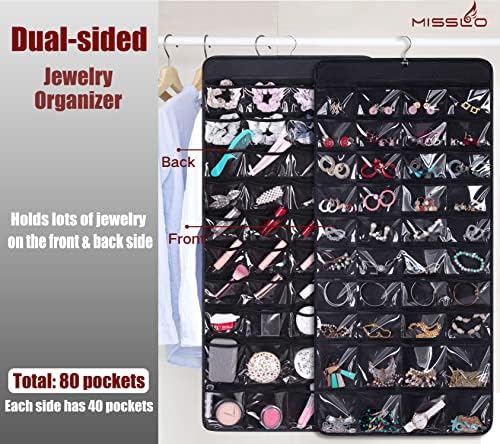 Организатор за виси за накит со преклопување на мезон со 14 џебови за плакари и 80 џебови Организатор за накит со двојна еднострана за нараквица