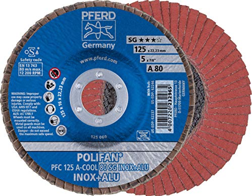 PFERD Polifan SG Co-Cool Abrably Flap Disc, тип 29, тркалезна дупка, поддршка на фенолна смола, алуминиум оксид, 5 dia., 60 решетки