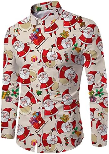 Божиќни кошули XZHDD за мажи, смешен Божиќ Дедо Мраз снежен човек за печатење на снежни метри, со пад на јака, деловна кујна кошула