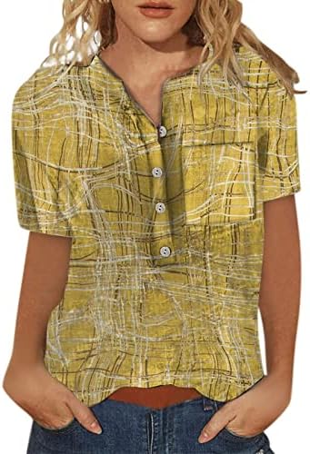 Женски летни цветни графички графички маички џебови копче до туника кошула Раглан кратки ракави екипаж обични маици