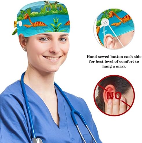 Муоум операција капа буфан капа за работни капа со копчиња и лак за коса за жени, долга коса, плажа на диносаурус