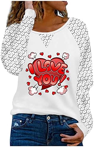 Те сакам срцеви графички маички женски чипка крпеница со долги ракави врвови на вратот, симпатични празници, графички маици