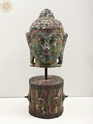 Егзотична Индија 19 разнобојна глава на Буда на дрвен штанд - камен со дрвен штанд