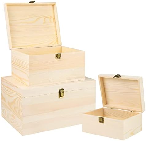 Aodaer 3 пакува големи недовршени кутии за богатство на бор од дрво со капакот за шарки украсени кутии за накит дебела кутија за