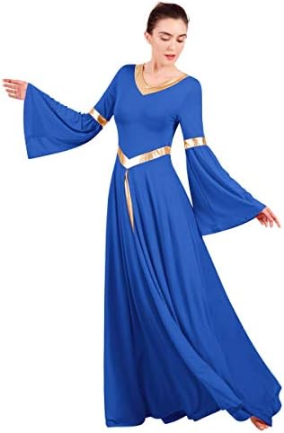 Ибаком пофалби литургиски костум за танцување за жени лабава се вклопуваат со целосна должина металик злато V-вратот обожавање долг фустан танцувачка