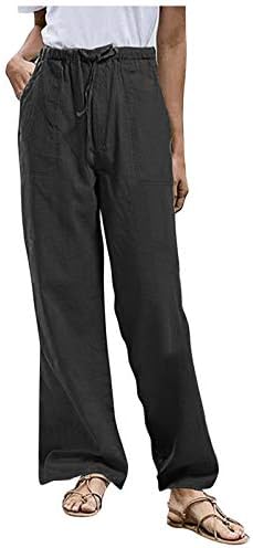 Женски постелнина панталони лето висока половината цврста боја лабава широка панталони за нозе Обични панталони за јога на плажа