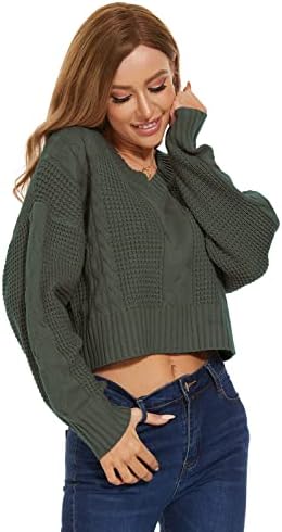 Jumppmile Womens V вратот Вафл плетен исечен врвен врвен џемпер за пулвер со долги ракави