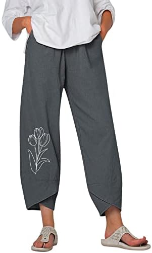 Летни постелнини панталони за жени широки нозе памучни постелнини исечени панталони цврста боја плус големина удобна капри пантоло со џебови