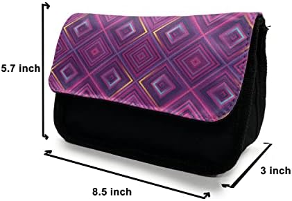 Необичен случај на геометриски молив, фанки дијагонални квадрати, торба со молив со ткаенини со двоен патент, 8,5 x 5,5, виолетова и повеќебојна