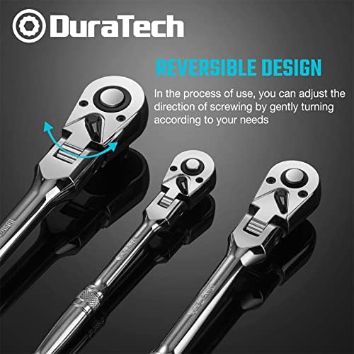 Duratech 3-парчиња флексибилни сетови на флексија, 1/4 , 3/8, 1/2 погон на возење, 72-заби со реверзибилен дизајн на брзо ослободување,