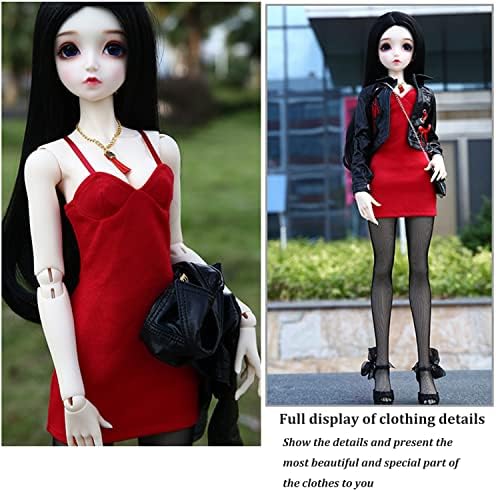 BJD облека како девојче тело, 1/3 BJD SD фустан Прекрасна облека за кукли Поправете ги додатоците за кукли за тело, црна кожна јакна/црвен фустан/чорапи