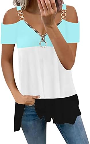 2023 Женска Блуза Облечен Секојдневен Краток Ракав V Кошули Со Патент Во Боја Туника Врвот Секси Надвор Од Рамото Основни Врвови