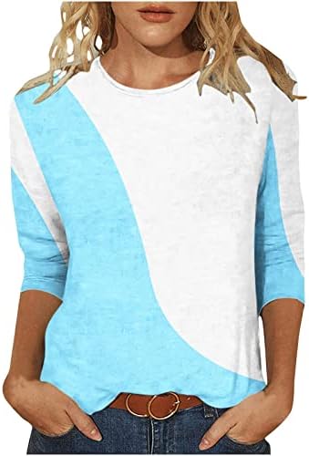 Модни обични врвови за жени трендовски блок во боја, екипаж со средна должина 3/4 ракави маички 2023 летни блузи