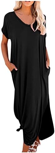 Летен фустан од фрагарн, женска обична цврста боја со кратки ракави со кратки ракави, лабава страна, голем замав долг фустан