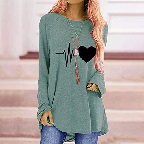 Женска солф-џемпер со тркалезна врата модна необична чукање на срцето loveубов со преголема лабава лабава долга ракав цврста маица блуза