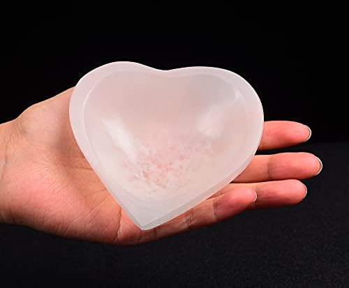 Амојстон Природна селенитска чинија со селенитска плоча во форма на срце за кристали 4-4,7 за декорација на медитација за лекување